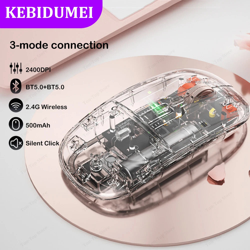 Tri-Mode Mouse Dual Bluetooth 5.0 Mouse 2.4G Wireless Mouse Transparent Mouse 2400DPI Silent Mouse 500mAh Rechargeable Mice
