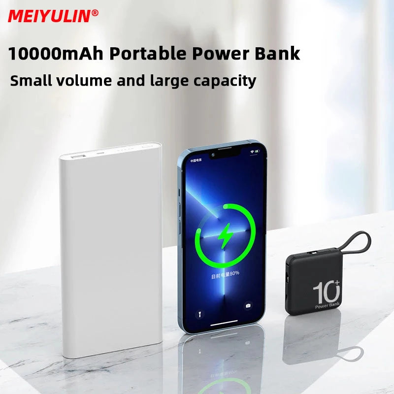10000mAh Power Bank Large Capacity External Battery Built-in Type-C Cable 5000mAh Portable Lanyard Powerbank For iPhone Samsung