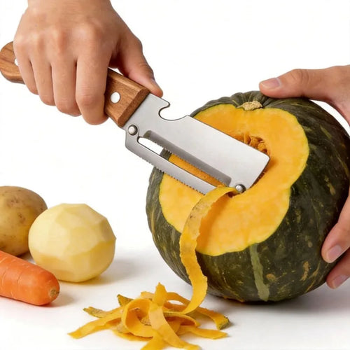 AB34-2 Pack 2 In 1 Multi Functional Vegetable Peeler With Bottle Opener And Wooden Handle Stainless Steel Blade Kitchen Tool