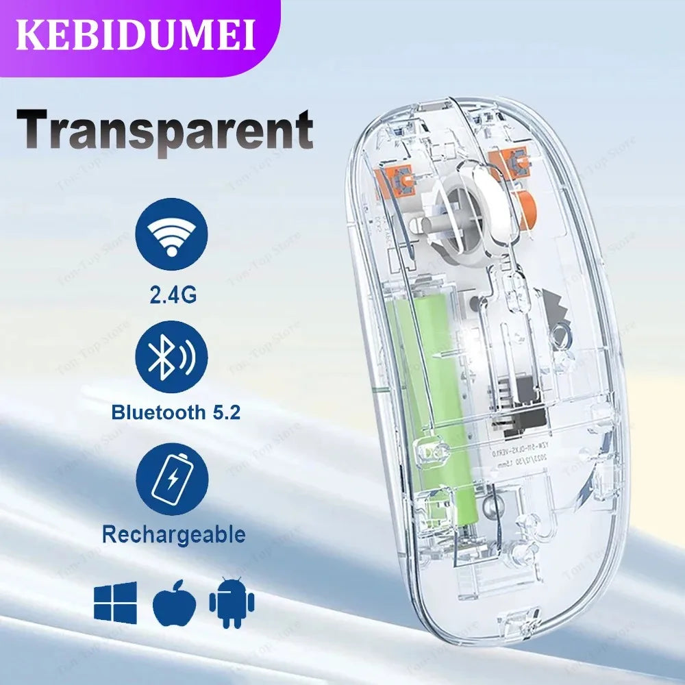 Tri-Mode Mouse Dual Bluetooth 5.0 Mouse 2.4G Wireless Mouse Transparent Mouse 2400DPI Silent Mouse 500mAh Rechargeable Mice