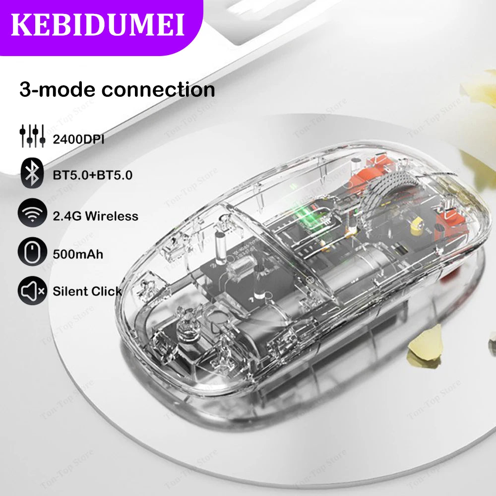 Tri-Mode Mouse Dual Bluetooth 5.0 Mouse 2.4G Wireless Mouse Transparent Mouse 2400DPI Silent Mouse 500mAh Rechargeable Mice