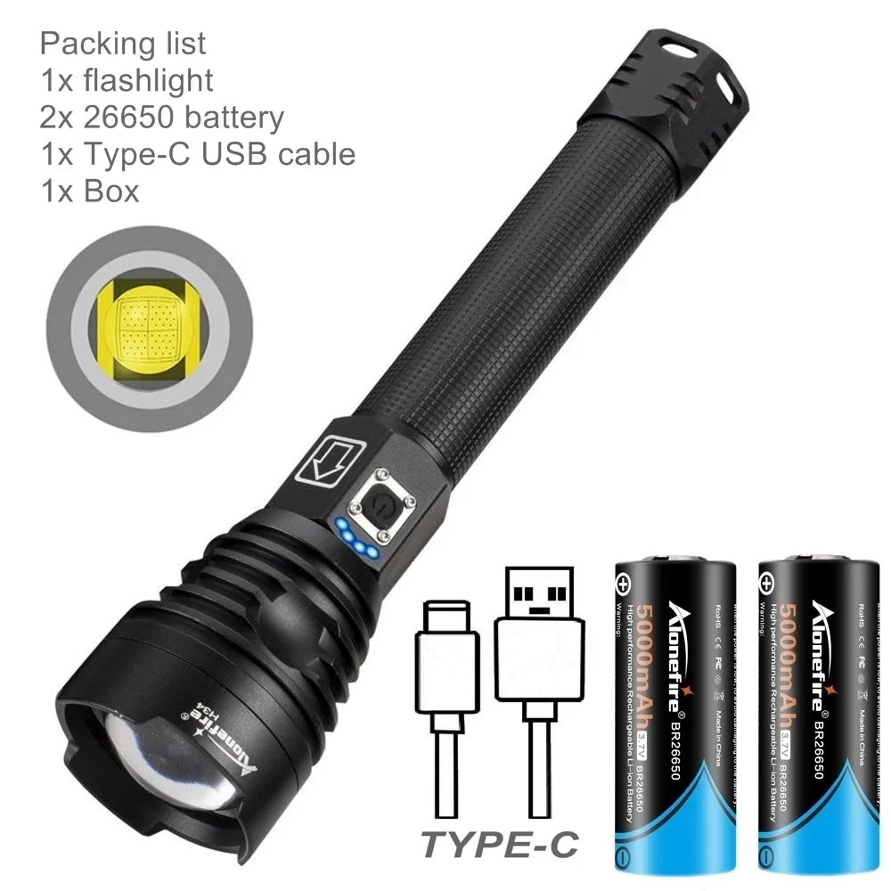 ५०००लुमेन P९० एलईडी जुम शक्तिशाली टर्चलाइट USB रिचार्जेबल हाई पावर आउटडोर पेट्रोल क्याम्पिङ हन्टिङ हाइकिङ स्ट्रङ्ग लाइट टर्च