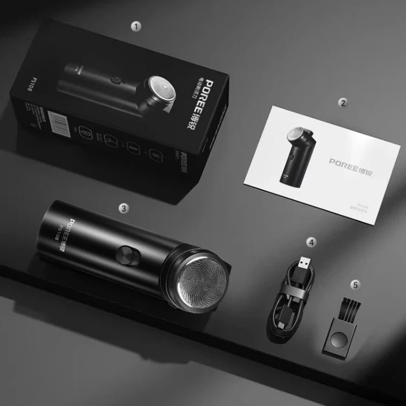POREE PS108 २०२५ पुरुषहरूको उच्च शक्ति सिक्स-ब्लेड ब्लेड USB चार्जिङ क्लासिक सिंगल-हेड शेभरको लागि नयाँ मिनी पोर्टेबल इलेक्ट्रिक शेभर 