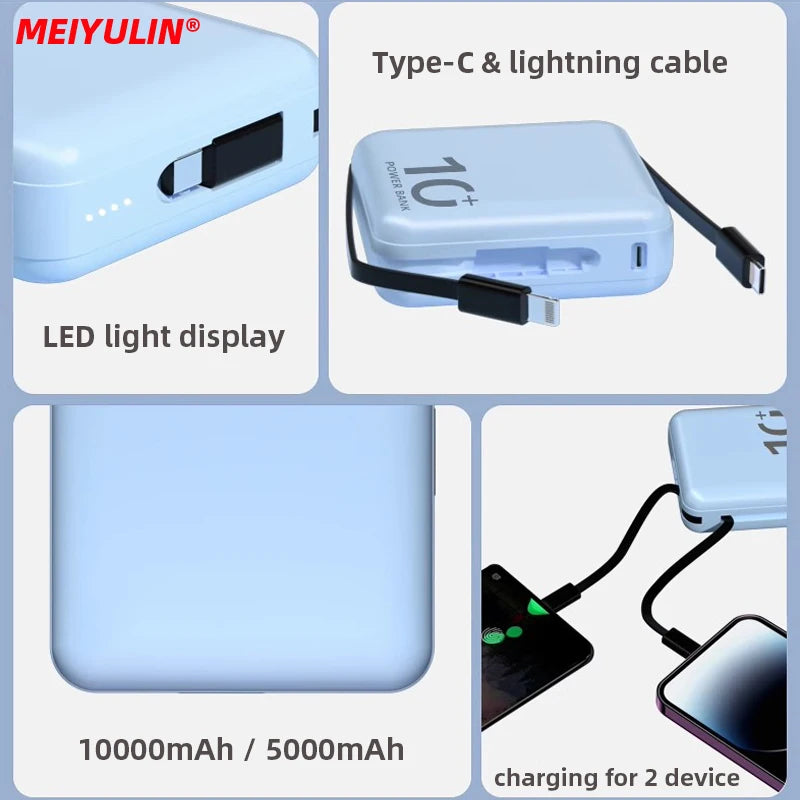 10000mAh Power Bank Large Capacity External Battery Built-in Type-C Cable 5000mAh Portable Lanyard Powerbank For iPhone Samsung