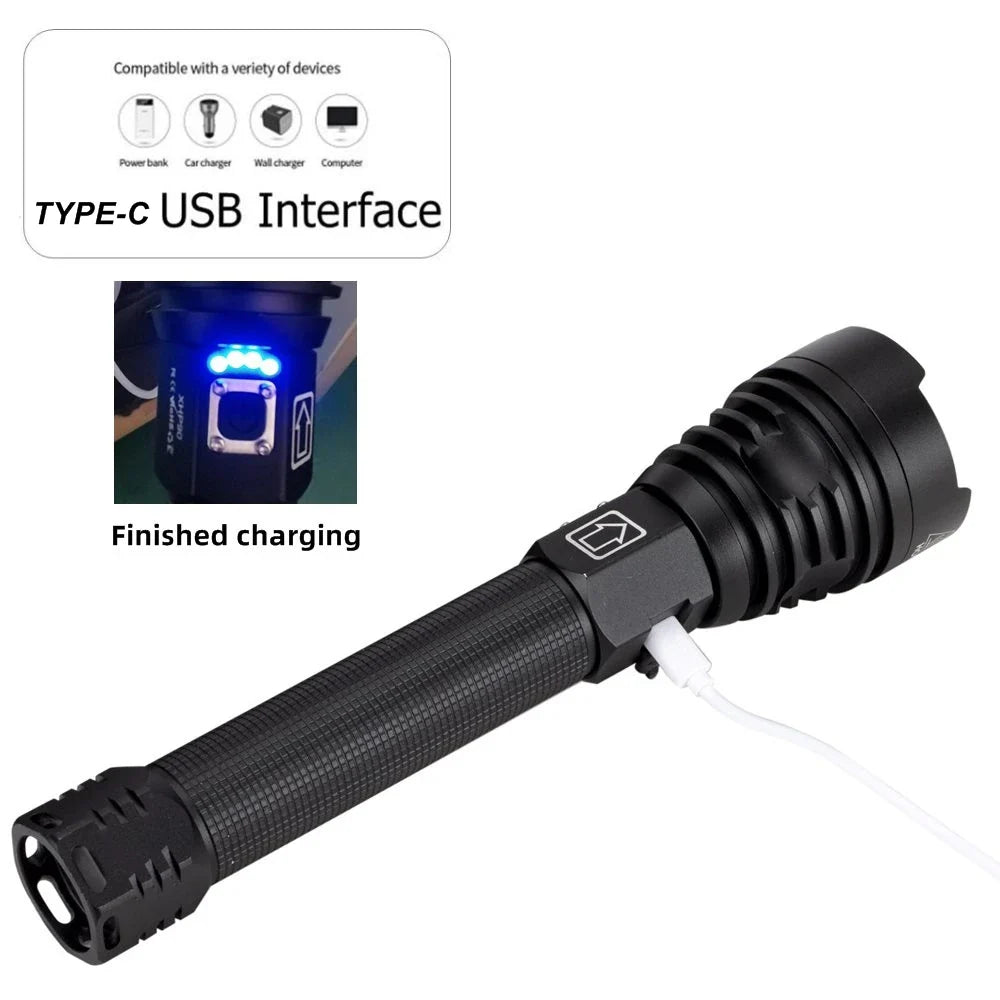 ५०००लुमेन P९० एलईडी जुम शक्तिशाली टर्चलाइट USB रिचार्जेबल हाई पावर आउटडोर पेट्रोल क्याम्पिङ हन्टिङ हाइकिङ स्ट्रङ्ग लाइट टर्च